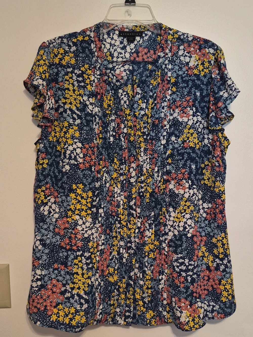 Attention Womens Floral Pleated Navy Women's Blouse SZ XXL